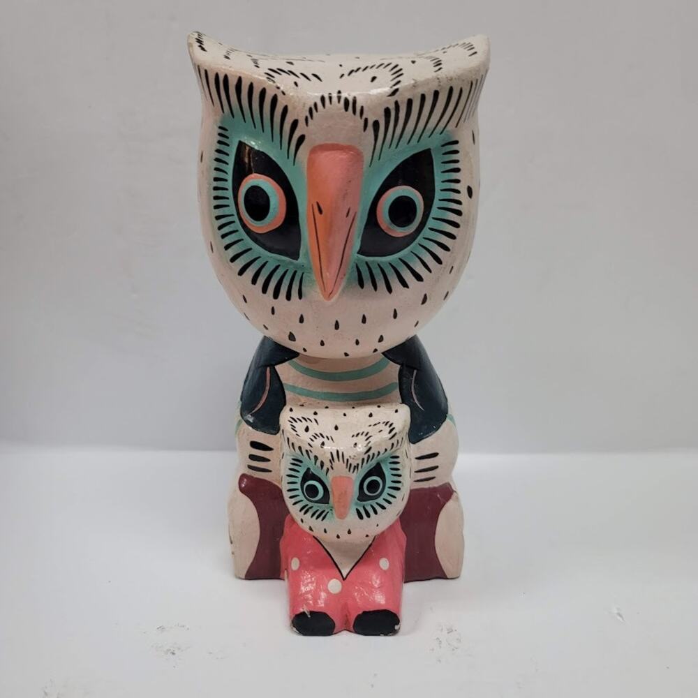 folk art owl statue lightweight two in One fledgling Parent wood painted UNIQUE